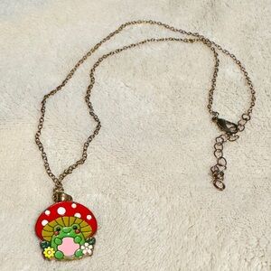 Vintage FROG on mushroom Necklace PENDANT whimsical fungi gift gold green hippie